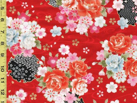 Japanese - Cosmo Peonies, Medallions & Floating Cherry Blossoms - AP02705-2C - Red For Discount