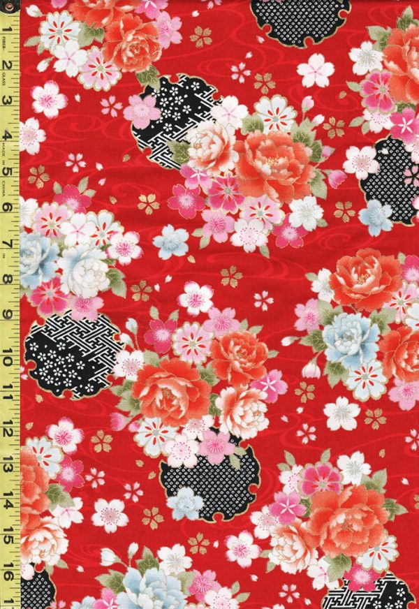 Japanese - Cosmo Peonies, Medallions & Floating Cherry Blossoms - AP02705-2C - Red For Discount