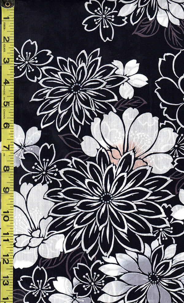 Yukata Fabric - 503 - Mums, Peonies & Cherry Blossoms - Dark Indigo (almost reads black) Online now