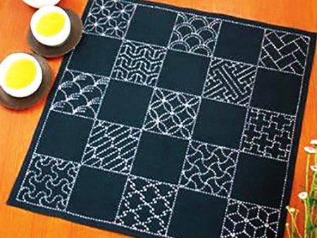 Sashiko Pre-printed Sampler (Olympus) - Multi-Patterned Cloth - 13 Traditional Design Sampler - SC-EM290 - Navy For Sale