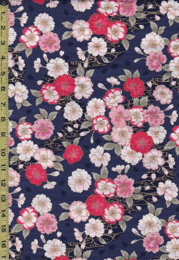 Japanese - Cosmo Dobby Sateen - Floating Cherry Blossoms & River Swirls - AP01715-2D - Navy on Sale