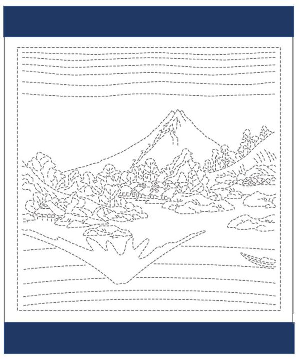 Sashiko Pre-printed Sampler (Olympus) -  # 2097 -  Hokusai  Koushuu Misaka Suimen  - Mt. Fuji Lake Reflection -Navy Discount