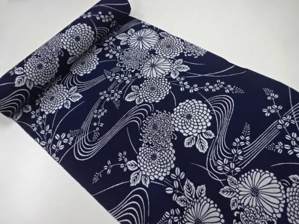 Yukata Fabric - 622 - Kiku (Mum) Bouquets & River Swirls - Indigo - By the Half Yard Discount