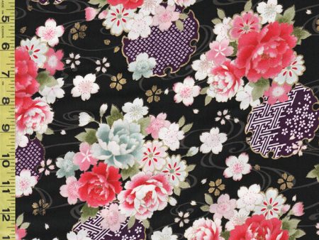 Japanese - Cosmo Peonies, Medallions & Floating Cherry Blossoms - AP02705-2E - Black Fashion