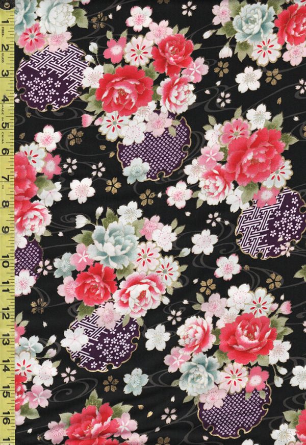 Japanese - Cosmo Peonies, Medallions & Floating Cherry Blossoms - AP02705-2E - Black Fashion