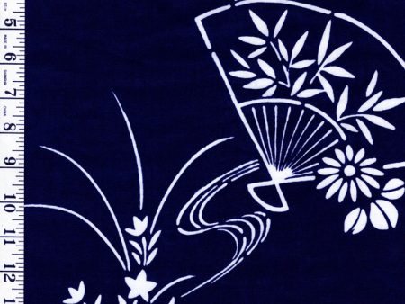 Yukata Fabric - 642 - Japanese Fans & Flowers - Dark Navy - Indigo on Sale