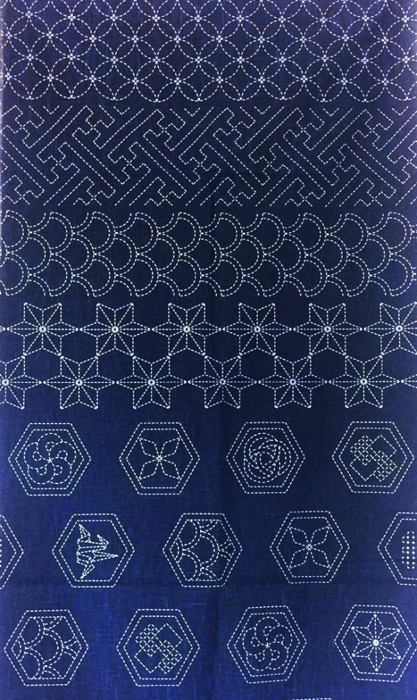 Sashiko Pre-printed Panel - HM-21 - Hexagon Crests & Traditional Motifs - Dark Navy-Indigo Online