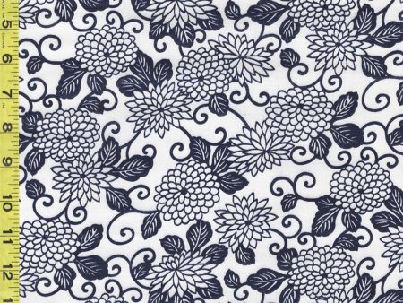 Yukata Fabric - 653 - Chrysanthemums & Curly Vines - White & Indigo For Discount