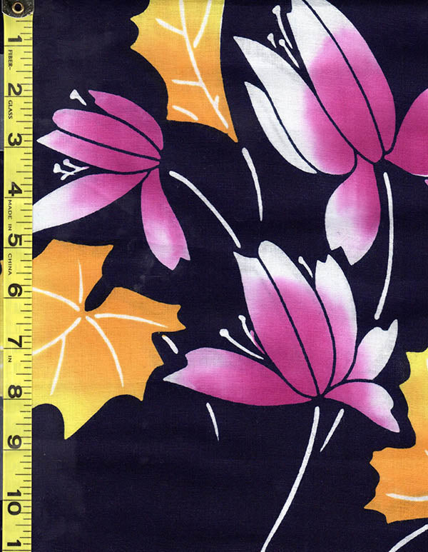 Yukata Fabric - 514 - Purple Orchid Flowers with Golden Yellow Leaves - Dark Navy Online Sale