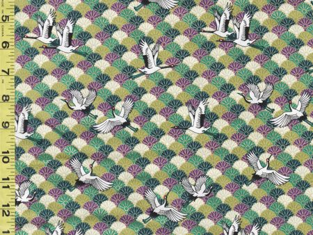 *Japanese - Naka Small Flying Cranes & Stylized Mums - N-2000-73D - Green, Purple & Cream For Cheap