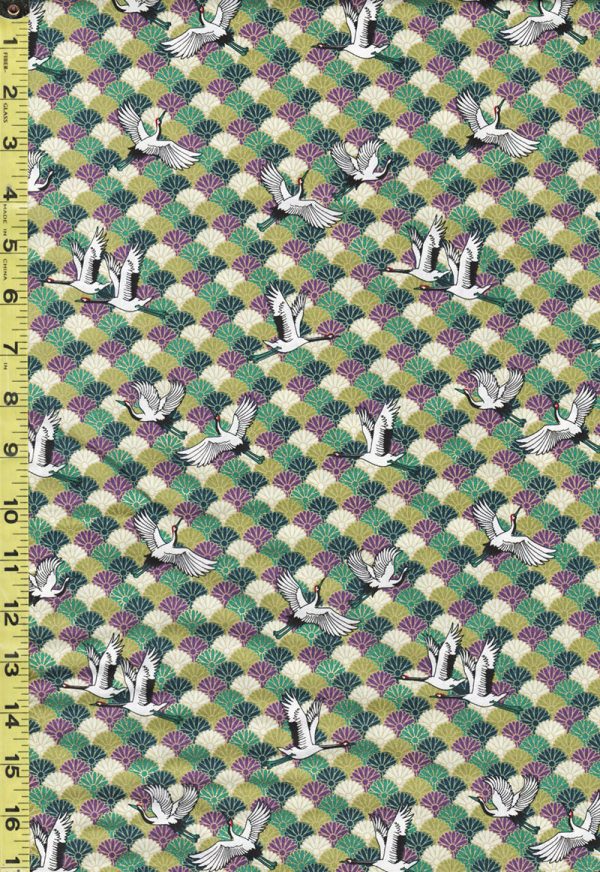 *Japanese - Naka Small Flying Cranes & Stylized Mums - N-2000-73D - Green, Purple & Cream For Cheap