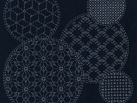 Sashiko Pre-printed Sampler - QH Textiles - SC0017-05 - Mixed Pattern Circles - Asanoha, Tumbling Blocks & Clamshell - Navy For Discount