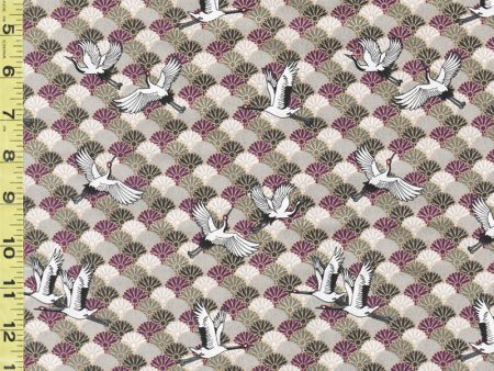 *Japanese - Naka Small Flying Cranes & Stylized Mums - N-2000-73C - Gray, Purple & Ivory For Sale