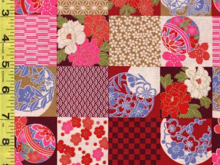 Japanese Novelty - Temari Balls & Floral Checkerboard Patchwork - U-7000 - Red, Tan & Pink - ON SALE - Save 30% Online