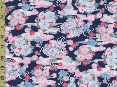 Japanese - Hokkoh - Floral Clusters & River Swirls - 1021-110-3D - Navy - ON SALE - SAVE 30% For Sale