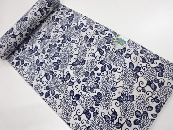 Yukata Fabric - 653 - Chrysanthemums & Curly Vines - White & Indigo For Discount