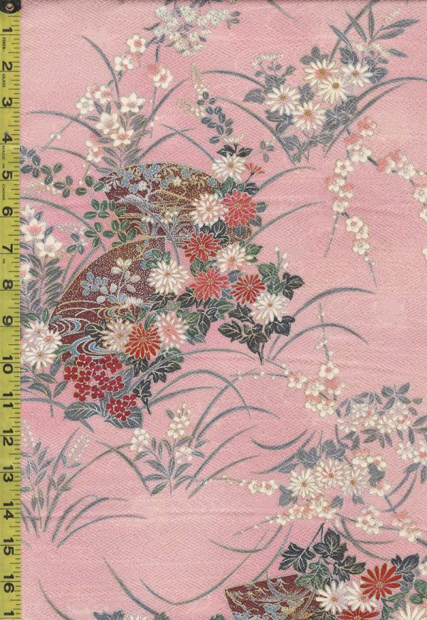 411 - Japanese Silk - Fans & Floral Clusters - Pink with Gold Metallic Accents Fashion