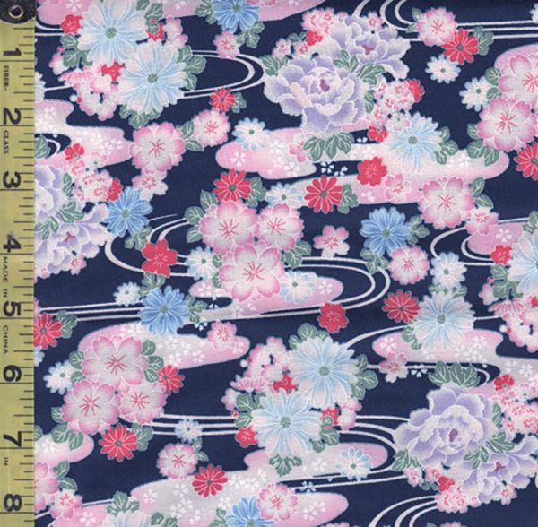 Japanese - Hokkoh - Floral Clusters & River Swirls - 1021-110-3D - Navy - ON SALE - SAVE 30% For Sale