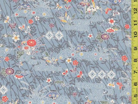 416 - Japanese Silk - Floral Hillside, Iris & River Swirls & Tiny Butterflies - Light Blue Cheap