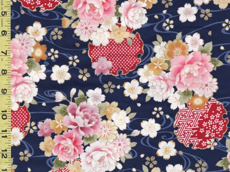 Japanese - Cosmo Peonies, Medallions & Floating Cherry Blossoms - AP02705-2D - Navy For Cheap