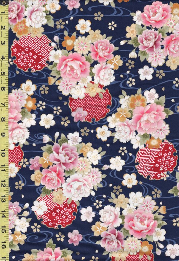 Japanese - Cosmo Peonies, Medallions & Floating Cherry Blossoms - AP02705-2D - Navy For Cheap