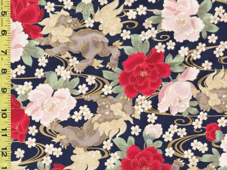 Quilt Gate - Gilded Botan - Foo Dogs & Peonies - HR3350-14D - Navy Hot on Sale