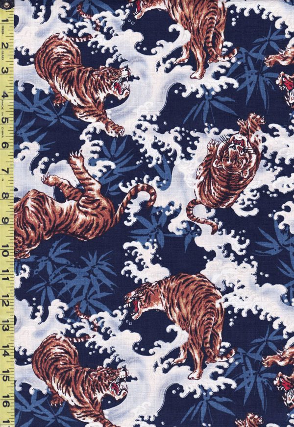 Japanese - Hokkoh Tigers, Waves & Bamboo - Dobby Weave - 1021-120-1D - Navy Online Hot Sale