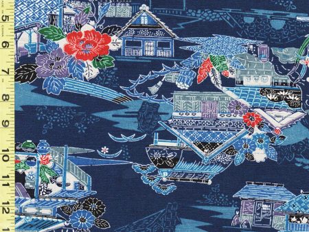 426 - Japanese Silk - Scenic Countryside Village - Navy & Silver Metallic Online