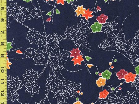 425 - Japanese Silk - Sashiko-Like Cherry Blossoms & Maple Leaves - Dark Navy Discount