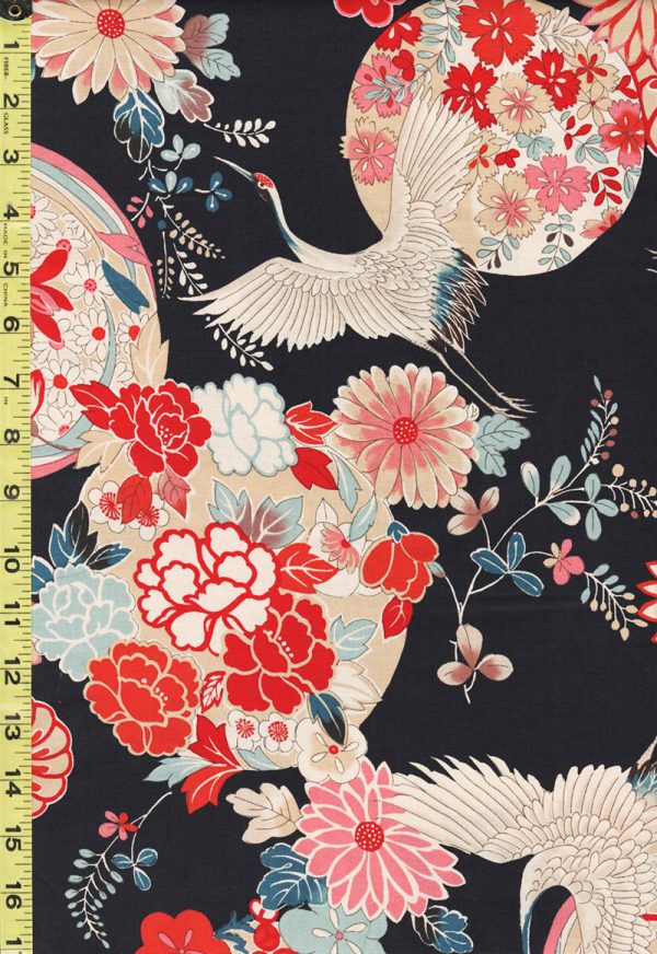 Japanese - Kokka Classic Japanese - Cranes, Peonies & Floral Medallions - LOA - 61070-2D40 - Black on Sale