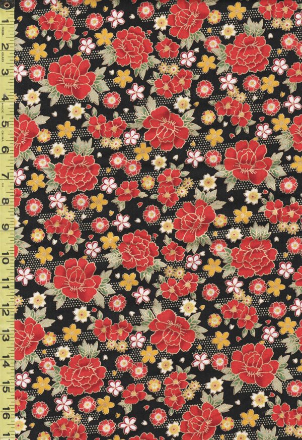 Japanese - Naka Peonies & Small Floating Cherry Blossoms - N-1750-85A - Black Sale