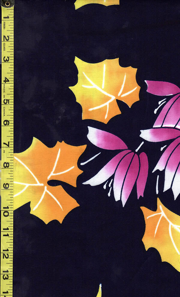 Yukata Fabric - 514 - Purple Orchid Flowers with Golden Yellow Leaves - Dark Navy Online Sale