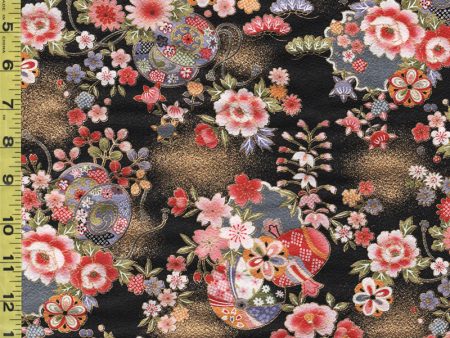 *Japanese - Naka Drums, Balls & Flowers - Crepe Like Texture - N-2500-136A - Black For Discount