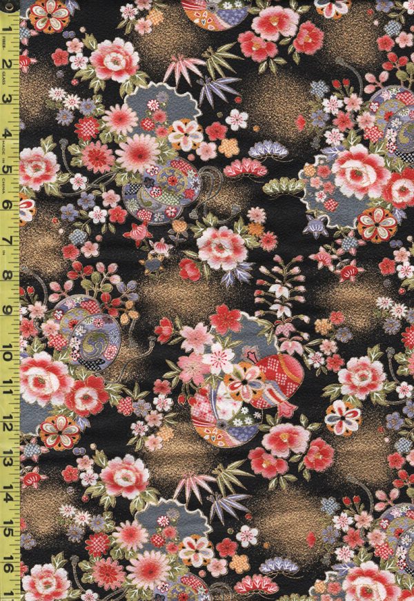 *Japanese - Naka Drums, Balls & Flowers - Crepe Like Texture - N-2500-136A - Black For Discount