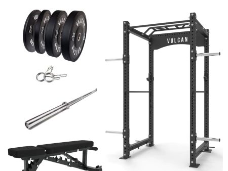 VULCAN Commercial Power Rack, Olympic Barbell, 100kg Black Bumper Weight Plates & Pro Adjustable Bench | IN STOCK Discount