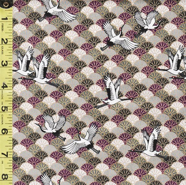 *Japanese - Naka Small Flying Cranes & Stylized Mums - N-2000-73C - Gray, Purple & Ivory For Sale