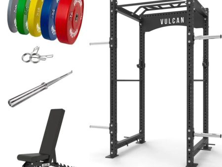 VULCAN Commercial Power Cage, Olympic Barbell, 150kg Colour Bumper Weight Plates & Commercial FID Bench | IN STOCK Online