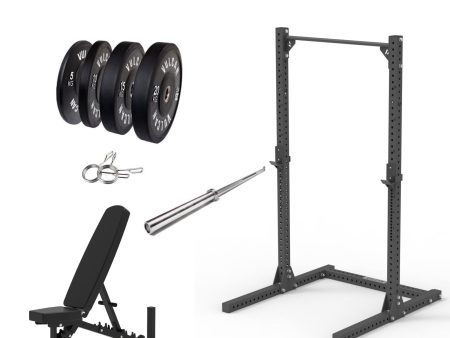 VULCAN Elite Squat Rack, Olympic Barbell, 100kg Black Bumper Weight Plates & Pro Adjustable Bench | IN STOCK Online Hot Sale