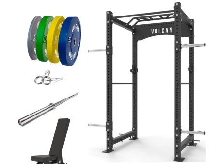 VULCAN Commercial Power Cage, Olympic Barbell, 100kg Colour Bumper Weight Plates & Commercial FID Bench | IN STOCK Online