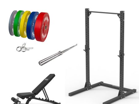 VULCAN Elite Squat Rack, Olympic Barbell, 150kg Colour Bumper Weight Plates & Adjustable Bench | IN STOCK Online now