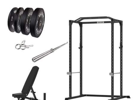 VULCAN Home Gym Power Cage, Olympic Barbell, 100kg Black Bumper Weight Plates & Pro Adjustable Bench | IN STOCK Sale