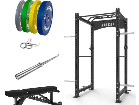 VULCAN Commercial Power Rack Olympic Barbell, 100kg Colour Bumper Weight Plates & Pro Adjustable Bench | IN STOCK on Sale