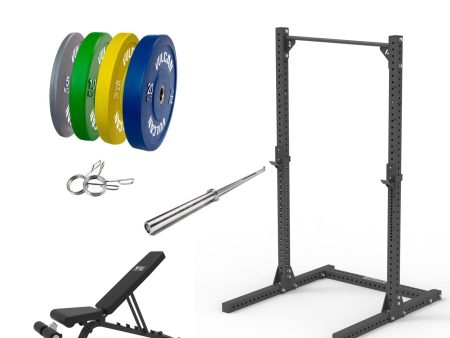 VULCAN Elite Squat Rack, Olympic Barbell, 100kg Colour Bumper Weight Plates & Adjustable Bench | IN STOCK Sale