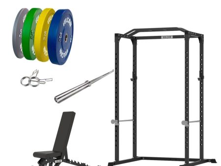 VULCAN Home Gym Power Cage, Olympic Barbell, 100kg Colour Bumper Weight Plates & Commercial FID Bench | IN STOCK Online Sale