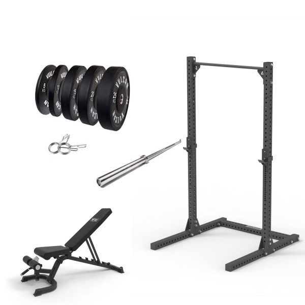 VULCAN Elite Squat Rack, Olympic Barbell, 150kg Black Bumper Weight Plates & Adjustable Bench | IN STOCK Hot on Sale