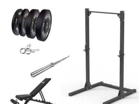 VULCAN Elite Squat Rack, Olympic Barbell, 100kg Black Bumper Weight Plates & Adjustable Bench | IN STOCK Cheap