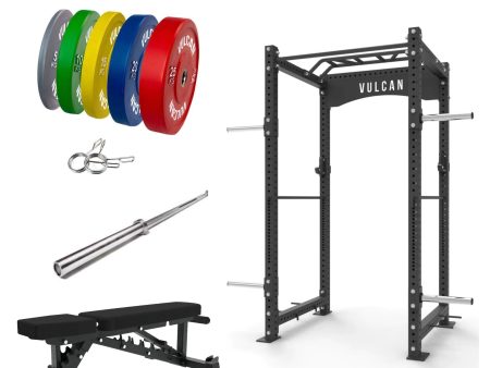 VULCAN Commercial Power Rack, Olympic Barbell, 150kg Colour Bumper Weight Plates & Pro Adjustable Bench | IN STOCK on Sale