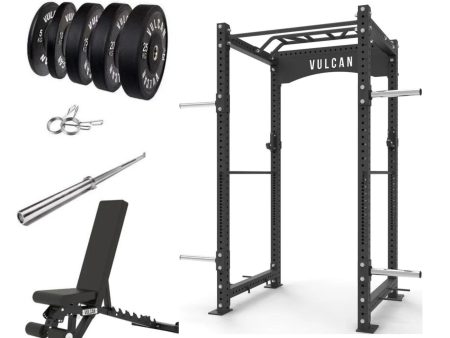 VULCAN Commercial Power Cage, Olympic Barbell, 150kg Black Bumper Weight Plates & Commercial FID Bench | IN STOCK Online now